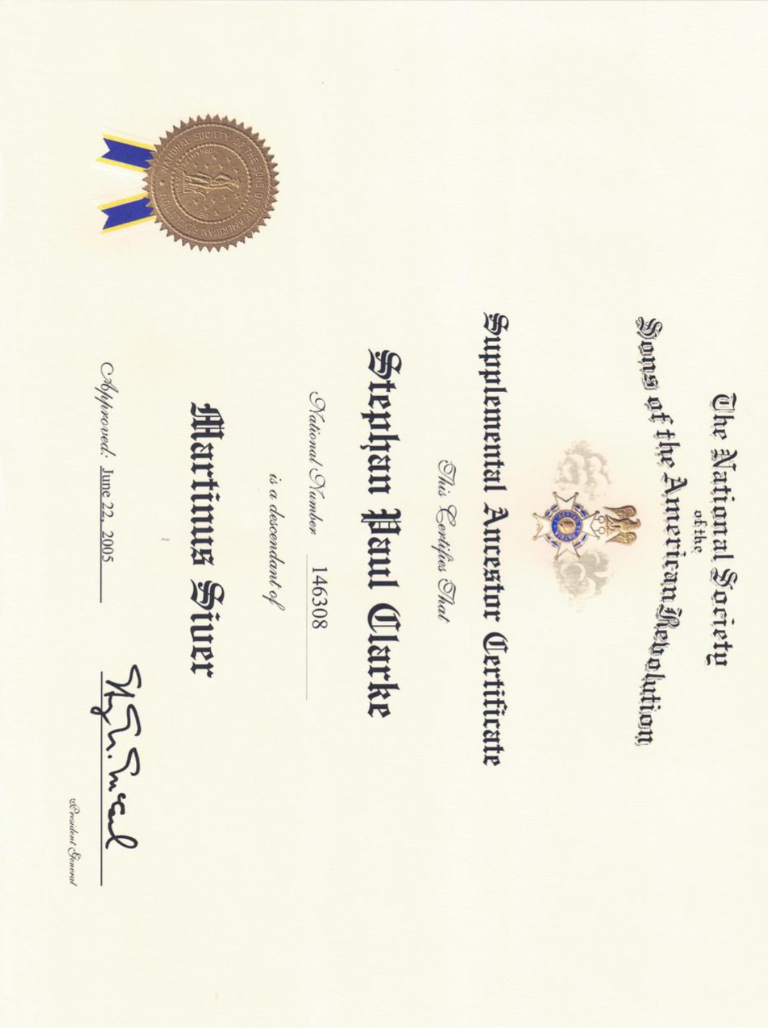 Sons of the American Revolution Supplemental Ancestor Certificate documenting descent from Martinus Siver, approved June 22, 2005